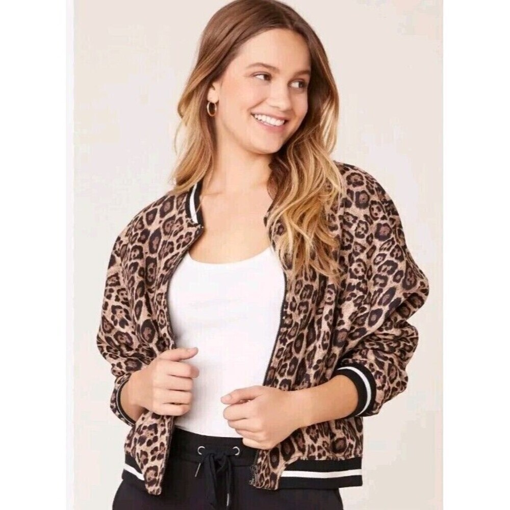 BB Dakota Cat Fight Leopard Print Bomber Jacket Pockets Brown Women’s Size S EUC